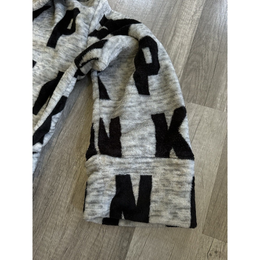 Victoria's‎ Secret PINK Robe Gray Black Logo Plush Tie Waist Cozy M/L - Picture 4 of 15